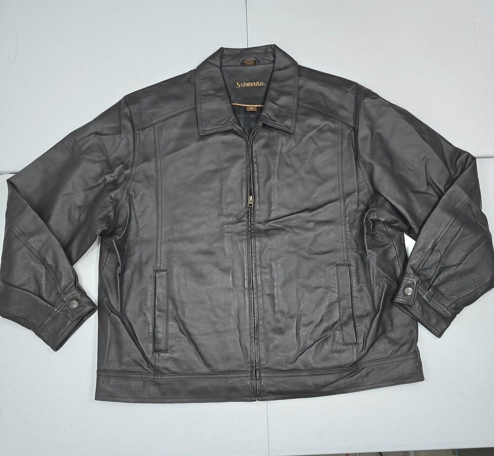 St. Johns Bay Men Genuine Leather Jacket 2XL Bomber Quilt Lined Dark Brown XXL